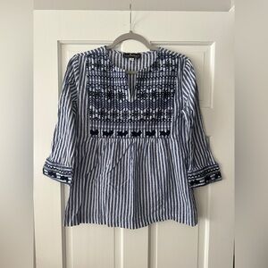 Liza Byrd Striped Embroidered 3/4 Sleeve V-Neck Tunic Shirt Top